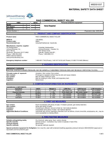 material safety data sheet raid commercial insect killer msds1037