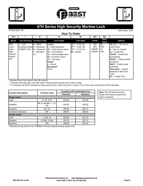 BEST Price List 60 GSA - Stanley Security Solutions