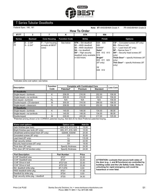 best electronic & mechanic al l ocks price list 62 - Stanley Security ...