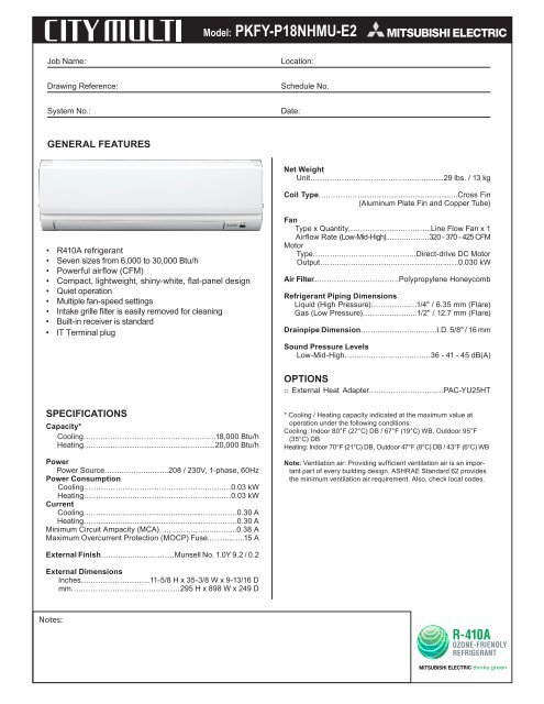 Model: PKFY-P18NHMU-E2 - Mitsubishi Electric Sales Canada Inc.