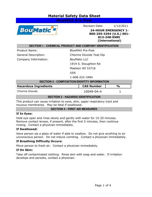 Material Safety Data Sheet BlueMAX Pre-Post - BouMatic