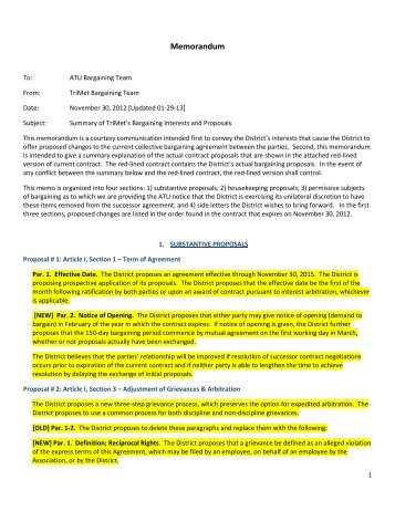 Cover letter: Summary of TriMet's Bargaining Interests and Proposals