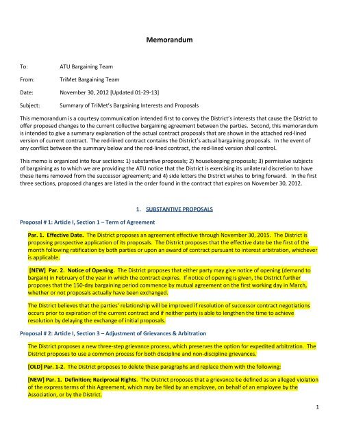 Cover Letter Summary Of TriMet s Bargaining Interests And Proposals