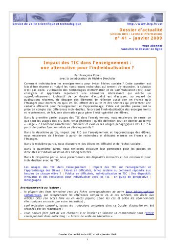 Lettre d'information de la veille scientifique et technologique - INRP