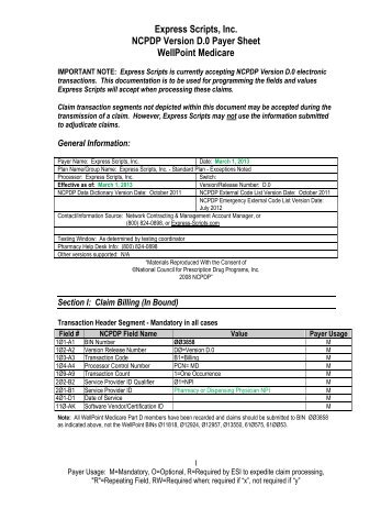 Express Scripts, Inc. NCPDP Version D.0 Payer Sheet WellPoint ...