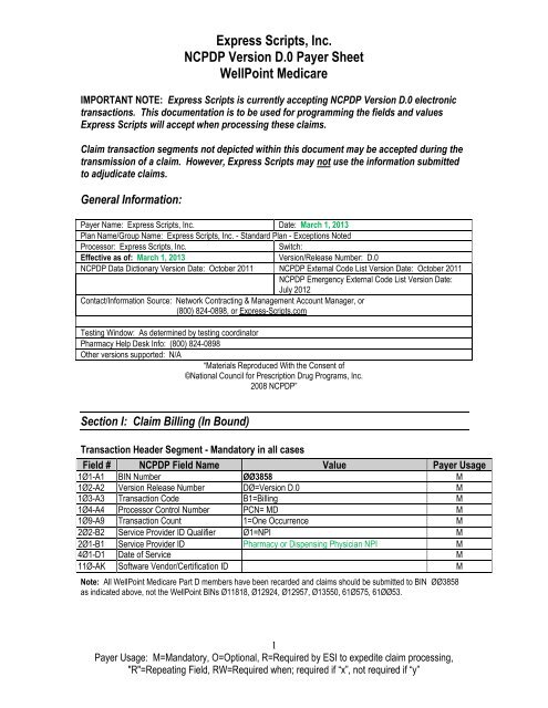 Express Scripts, Inc. NCPDP Version D.0 Payer Sheet WellPoint ...