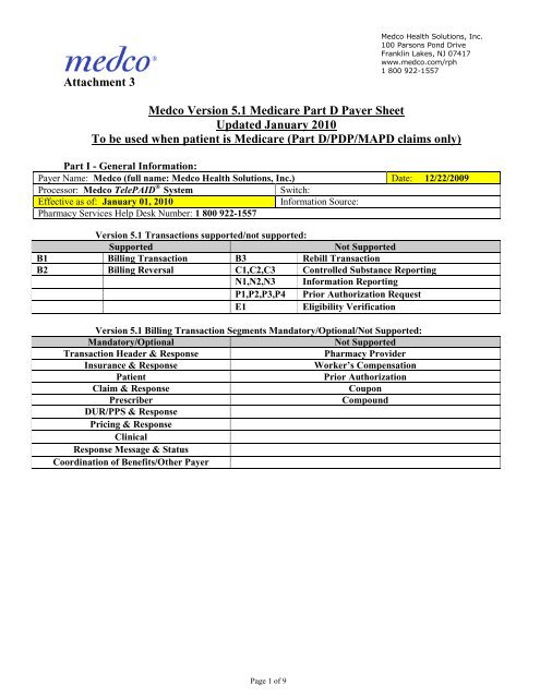 Attachment 3 Medco Version 5.1 Medicare Part D Payer Sheet ...