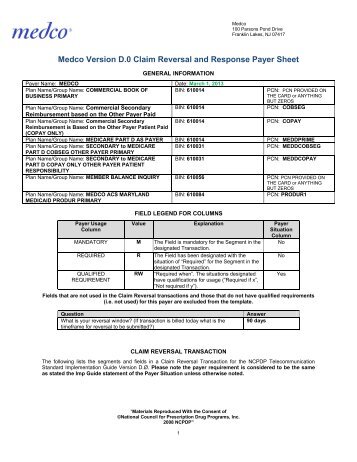 Medco Version D.0 Claim Reversal and Response Payer Sheet