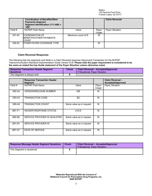 Medco Version D.0 Claim Reversal and Response Payer Sheet