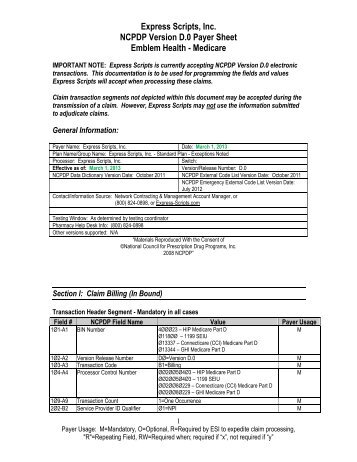 Express Scripts, Inc. NCPDP Version D.0 Payer Sheet Emblem Health