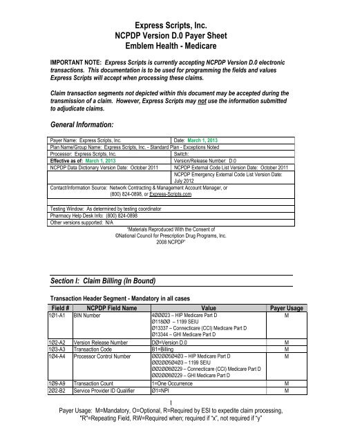 Express Scripts, Inc. NCPDP Version D.0 Payer Sheet Emblem Health