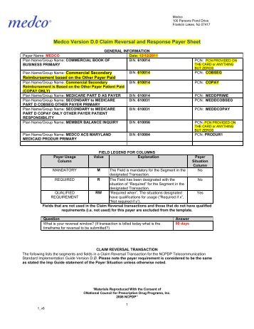 Medco Version D.0 Claim Reversal and Response Payer Sheet