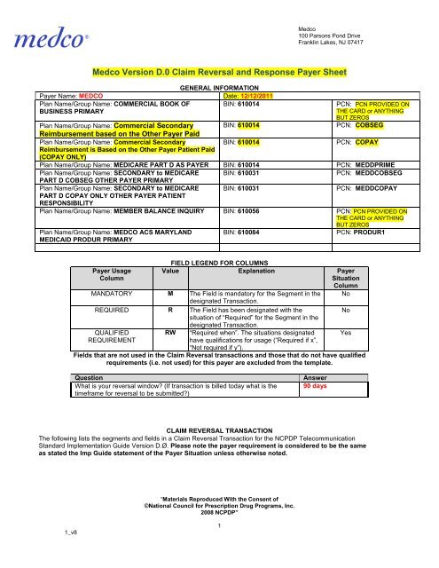 Medco Version D.0 Claim Reversal and Response Payer Sheet