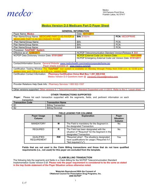 Medco Medicared Payer Sheet Catalyst Rx