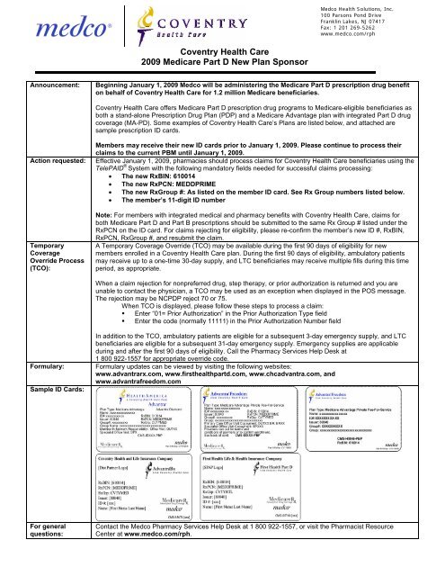 Coventry Health Care 2009 Medicare Part D New Plan Sponsor