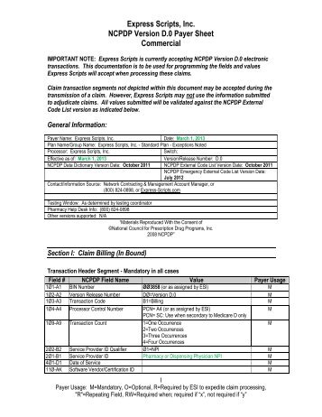 Express Scripts, Inc. NCPDP Version D.0 Payer Sheet Commercial