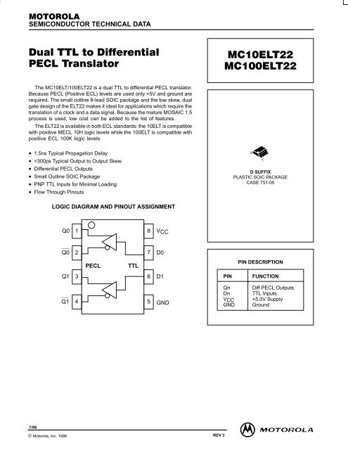 Dual TTL to Differential PECL Translator MC10ELT22 MC100ELT22