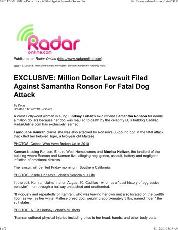 dog attack lawsuit filed against samantha ronson ... - Ronald Richards