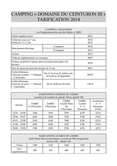 Tarifs - Camping du Domaine du Ceinturon 3