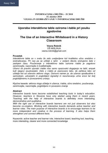 Uporaba interaktivne table oziroma i-table pri pouku zgodovine The ...