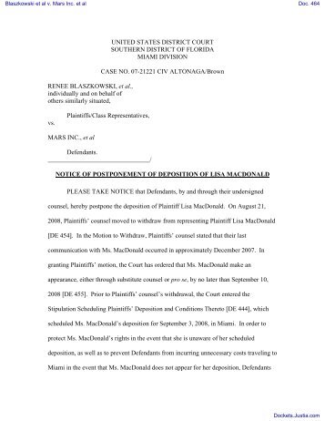 NOTICE by All Defendants of Postponement of Deposition of ... - Justia