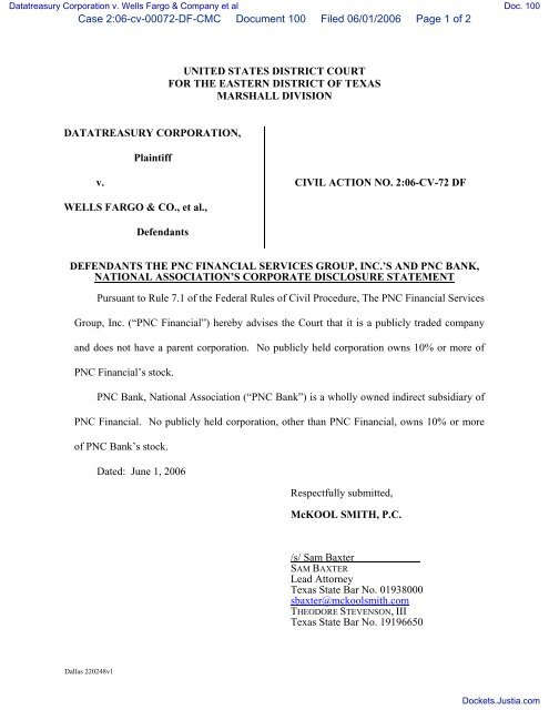 CORPORATE DISCLOSURE STATEMENT filed by The PNC Justia
