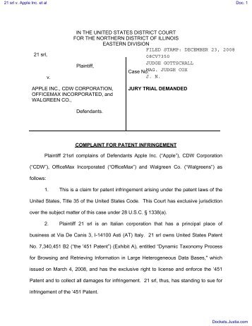 COMPLAINT filed by 21 srl; Jury Demand. Filing fee $ 350 ... - Justia