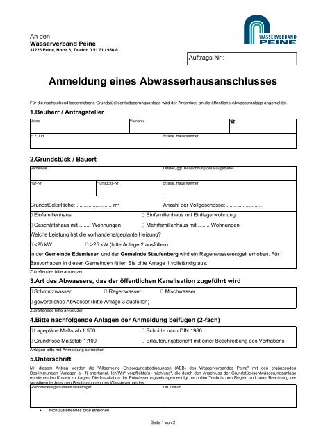 Anmeldung eines Abwasserhausanschlusses - Wasserverband Peine