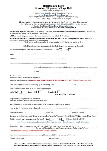 Hall Booking Form St John's (Kingsdown) Village Hall