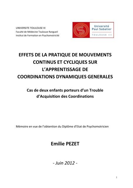 Emilie PEZET - Institut de Formation en PsychomotricitÃ© de Toulouse