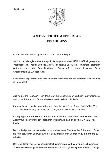 AMTSGERICHT WUPPERTAL BESCHLUSS