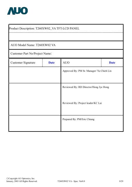 T260XW02 VA Customer Part No/Project Name - M-COMP