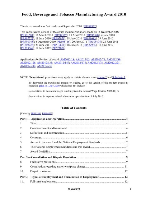 MA000073 - Food, Beverage and Tobacco Manufacturing Award 2010