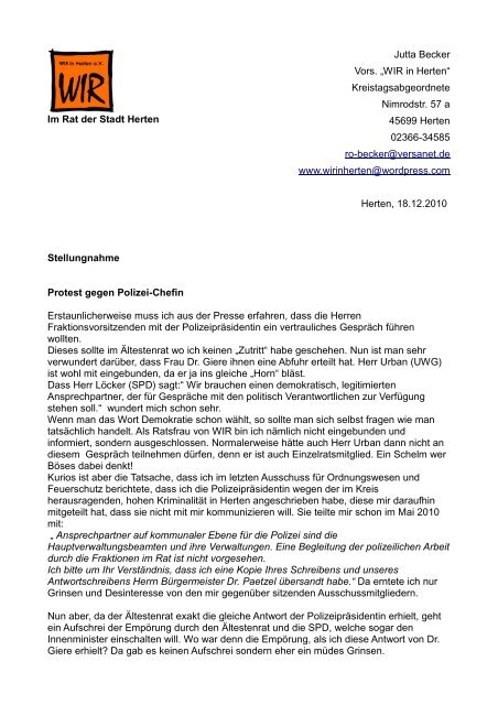 Jutta Becker Stellungnahme Wir In Herten Ev