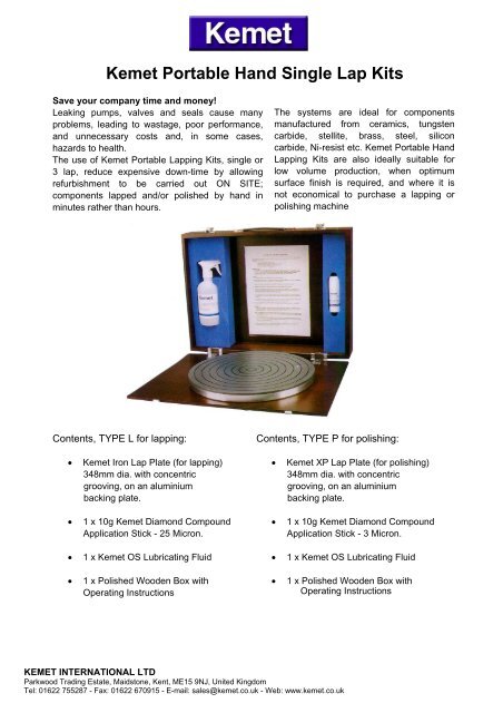 Portable Hand Lapping Kit datasheet - Kemet International