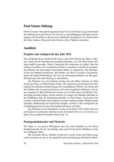 Paul Schatz Stiftung Basel Jahresbericht 2010