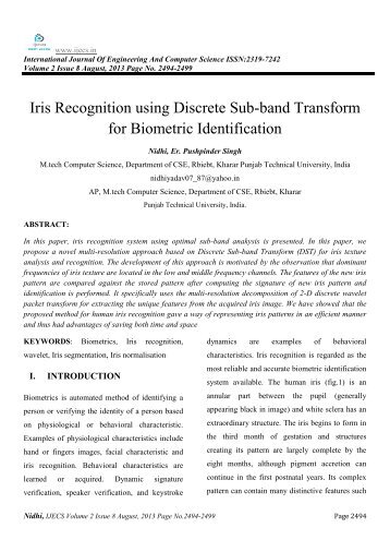 Iris Recognition using Discrete Sub-band Transform for ... - Ijecs