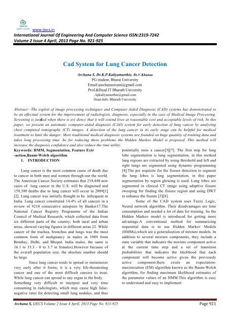Cad System for Lung Cancer Detection - Ijecs