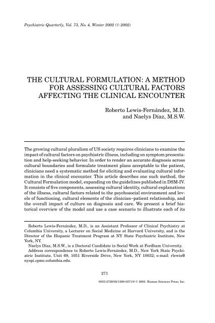 the cultural formulation: a method for assessing cultural factors