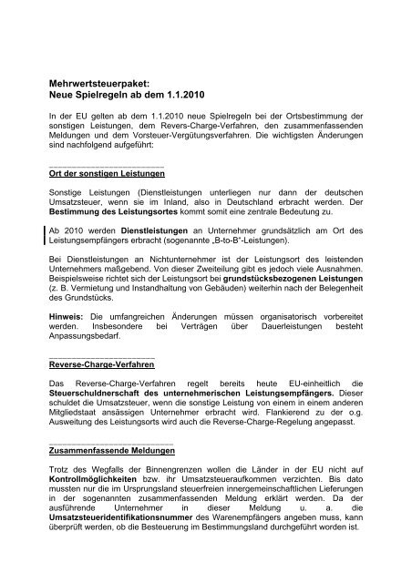 Mehrwertsteuerpaket: Neue Spielregeln ab dem 1.1.2010