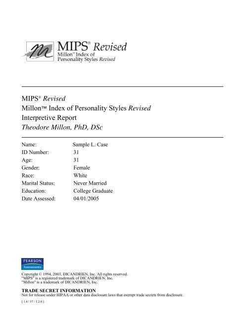 MIPSÂ® Revised Millonâ¢ Index of Personality Styles ... - TalentLens