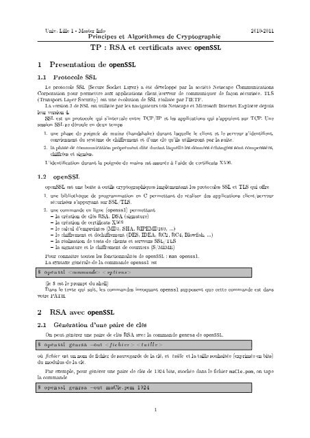 TP : RSA  et certificats avec openSSL  1 Presentation de ... - FIL