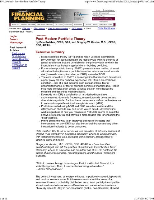 Fpa Journal Post Modern Portfolio Theory Fpa Journal Post Modern Portfolio Theory