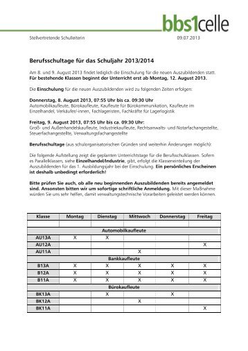 Berufsschultage für das Schuljahr 2013/2014 - bbs1celle