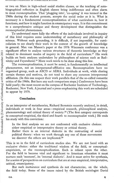 The Reconceptualisation of Curriculum Studies