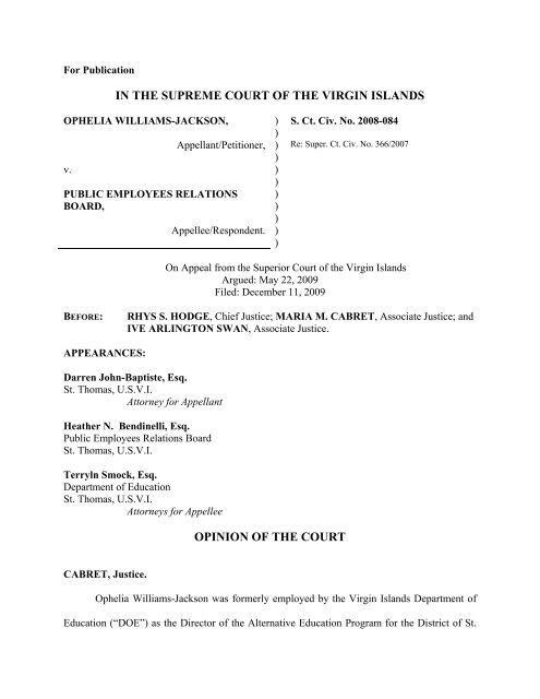 IN THE SUPREME COURT OF THE VIRGIN ISLANDS OPINION OF ...