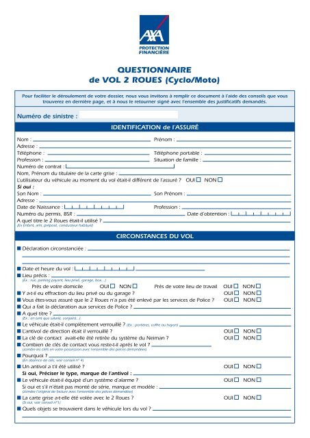 QUESTIONNAIRE de VOL 2 ROUES (Cyclo/Moto) - Agences AXA FAR