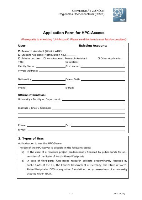 Application Form for HPC-Access - RRZK - UniversitÃ¤t zu KÃ¶ln