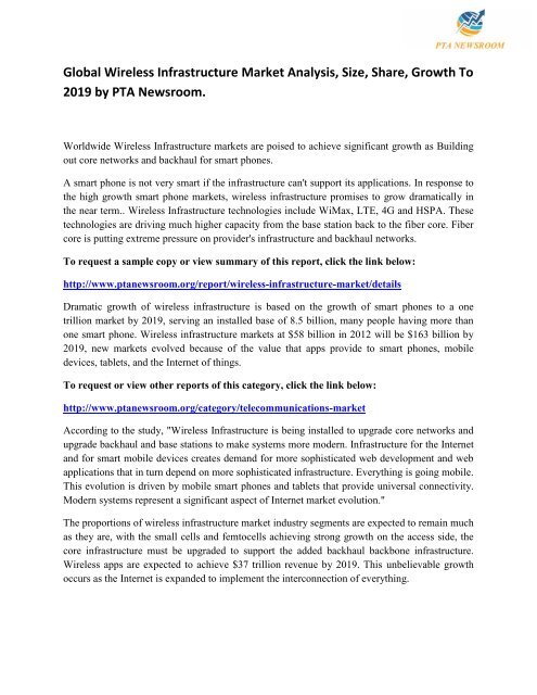 Global Wireless Infrastructure Market Analysis, Size, Share, Growth To 2019 by PTA Newsroom.