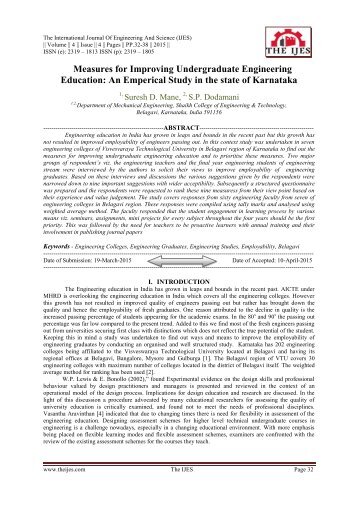 Measures for Improving Undergraduate Engineering Education: An Emperical Study in the state of Karnataka